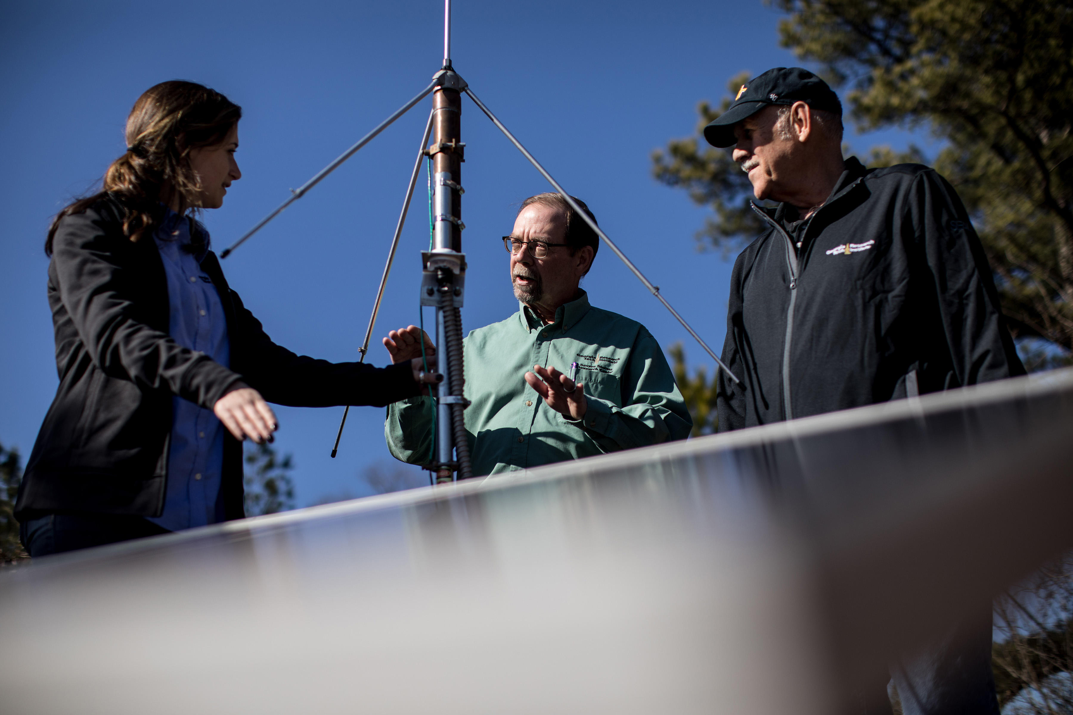 John-Trostel-director-of-the-Severe-Storms-Research-Center-SSRC-Madeline-Frank-a-research-meteorologist- at-SSRC-and-Tom-Perry-an-SSRC-electrical-engineer-examine-equipment-for-the-North-Georgia-Lightning-Mapping-Array