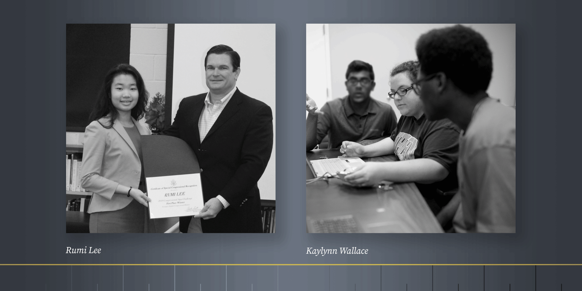 Two black and white photos. Photo on left shows woman receiving award. Photo on right shows young female student at laptop with male students looking on.