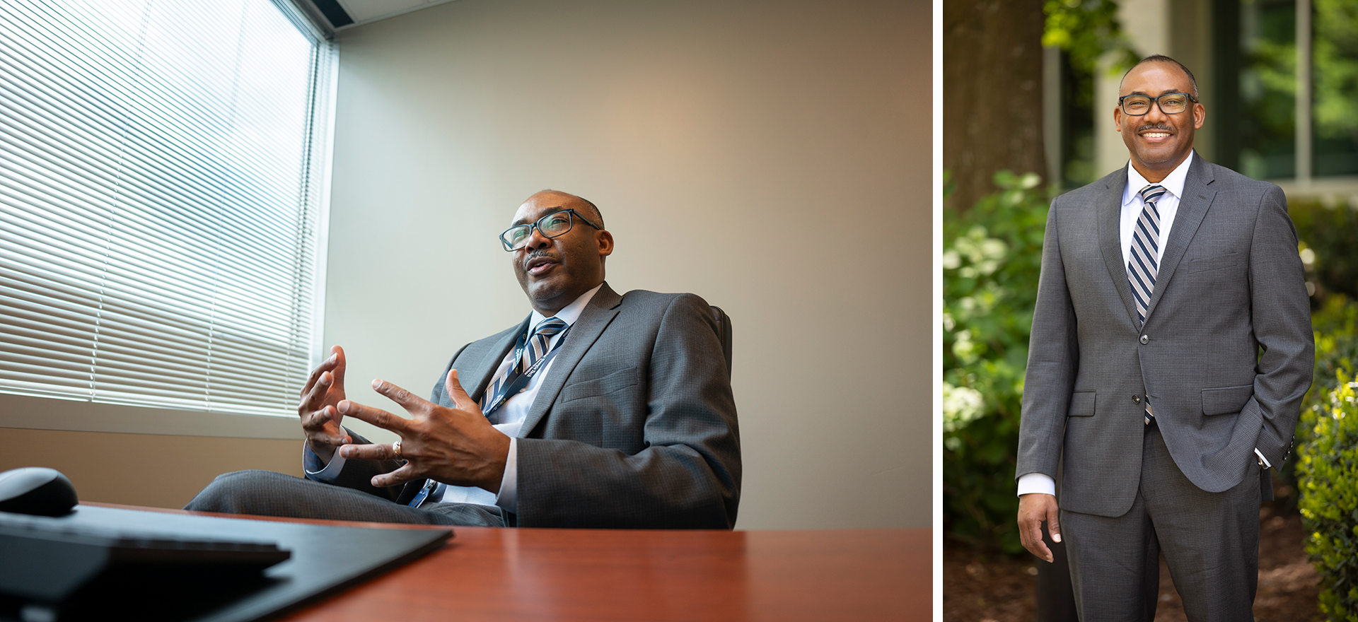 Two photos of William Robinson: left photo shows him sitting behind desk in office near large window, right photo shows him standing outdoors in front of lush greenery