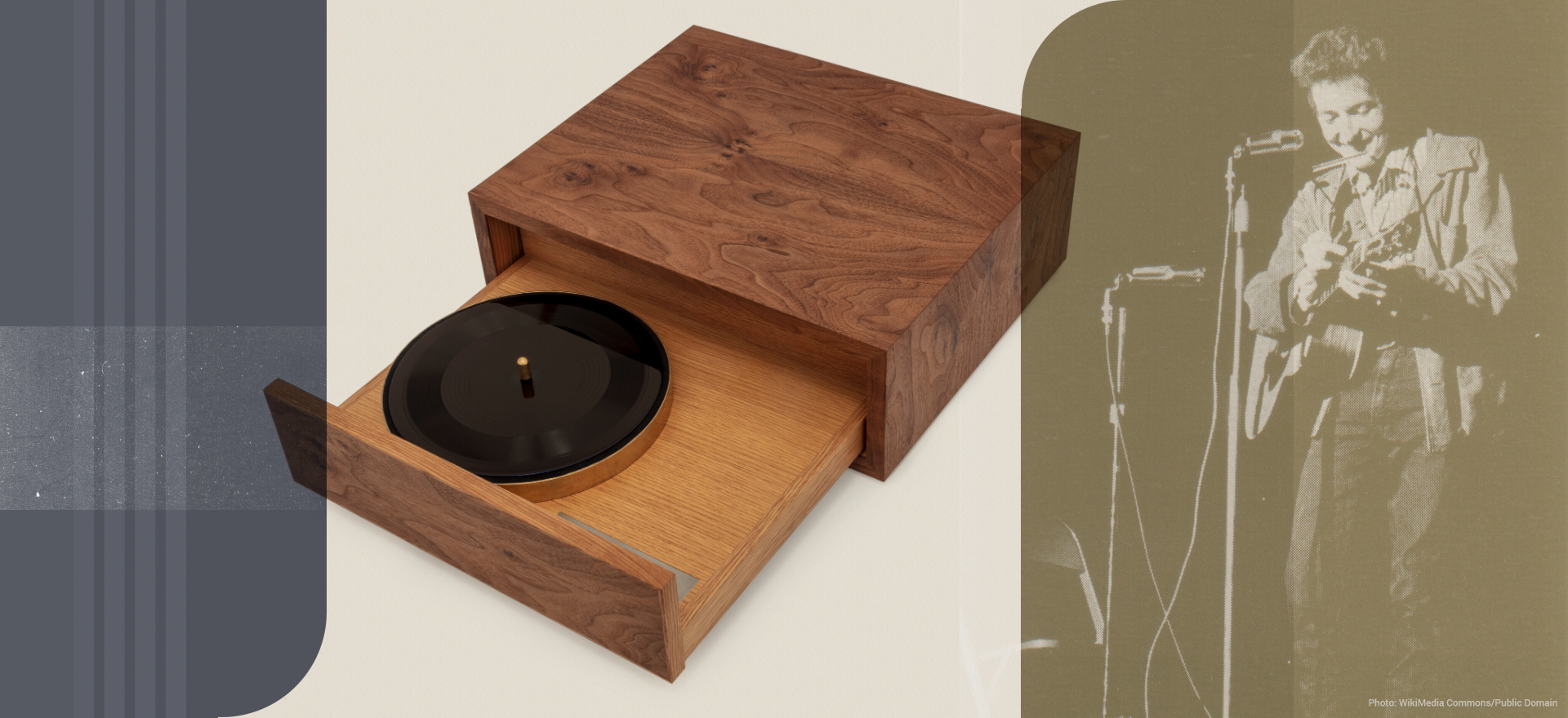 wooden turntable in case opened to reveal record