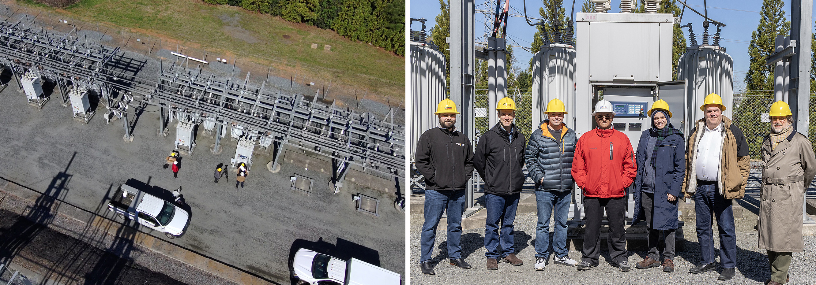 Two photos side by side. One is drone view of electrical substation. The other is a group of researchers standing outdoors in front of electrical equipment.
