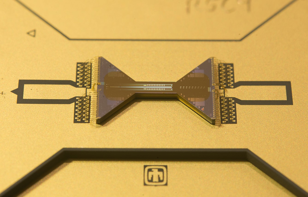 Extreme closeup of gold electronic component that resembles a bowtie.