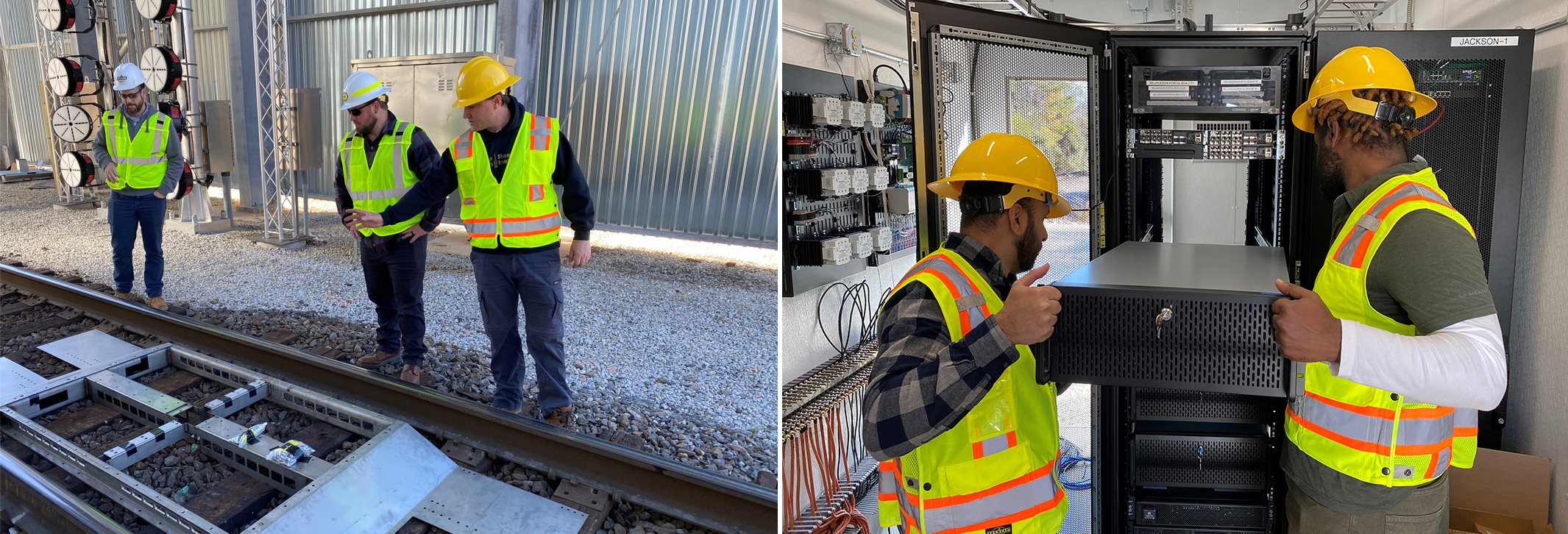 Two photos, both with workers in hard hats and safety vests working within the train portal.