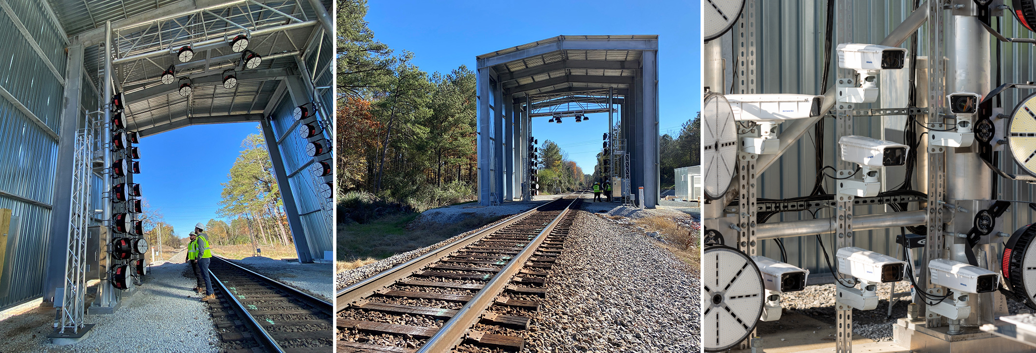 Three photos of train portal.