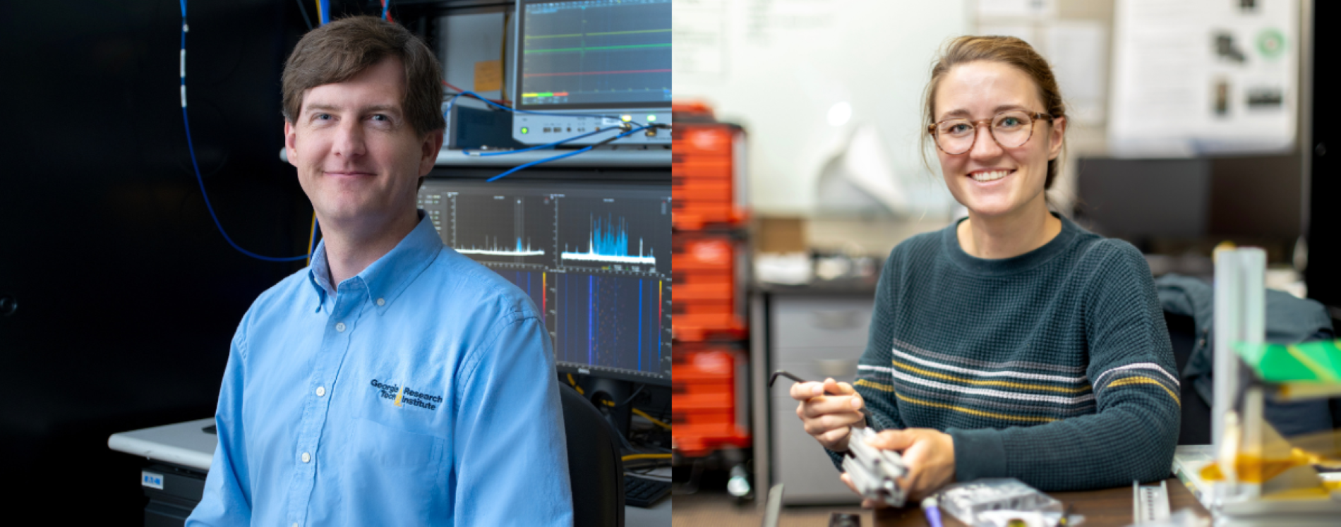 Photo of researchers Ryan Bales (left) and Mary Kate Broadway (right).  Photo Credit: Christopher Moore