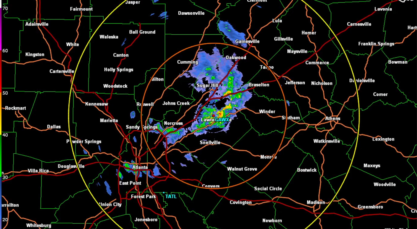 Radar screen image shows storm system in north Georgia