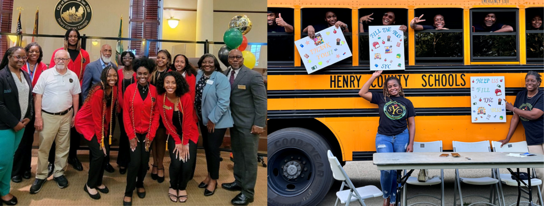 (Left) Renee Gourdine posed with students at a senior banquet with mayor, city council members and District 2 Henry County commissioner. (Right) Renee Gourdine and students volunteering at the Fill the Bus School Drive.