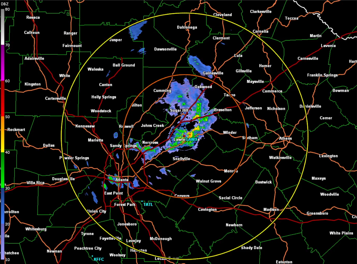 Radar screen shows a storm system in north Georgia