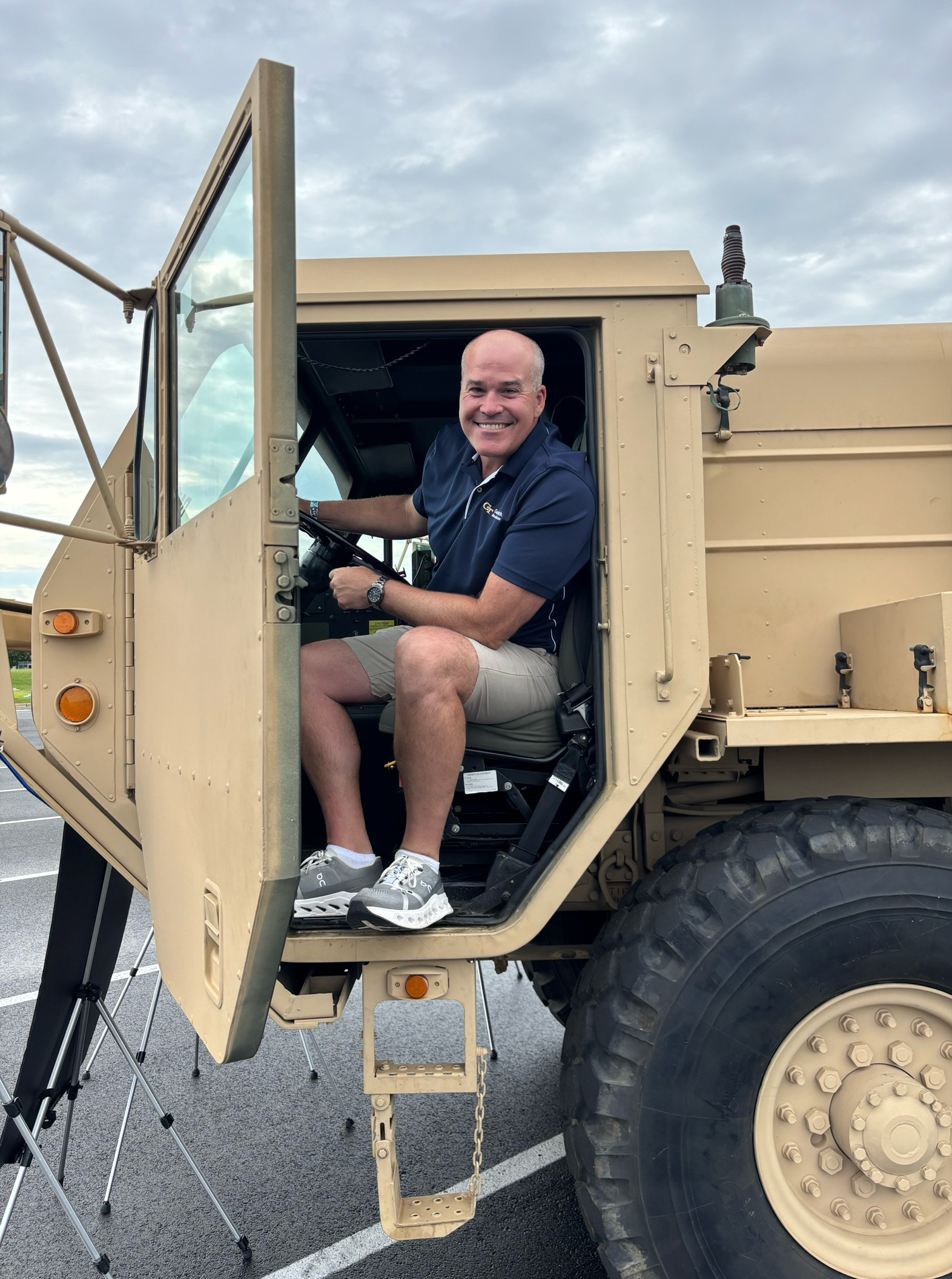 GTRI's Padraic ("Paddy") Heiliger in the cab of an on-display THAAD Launcher.