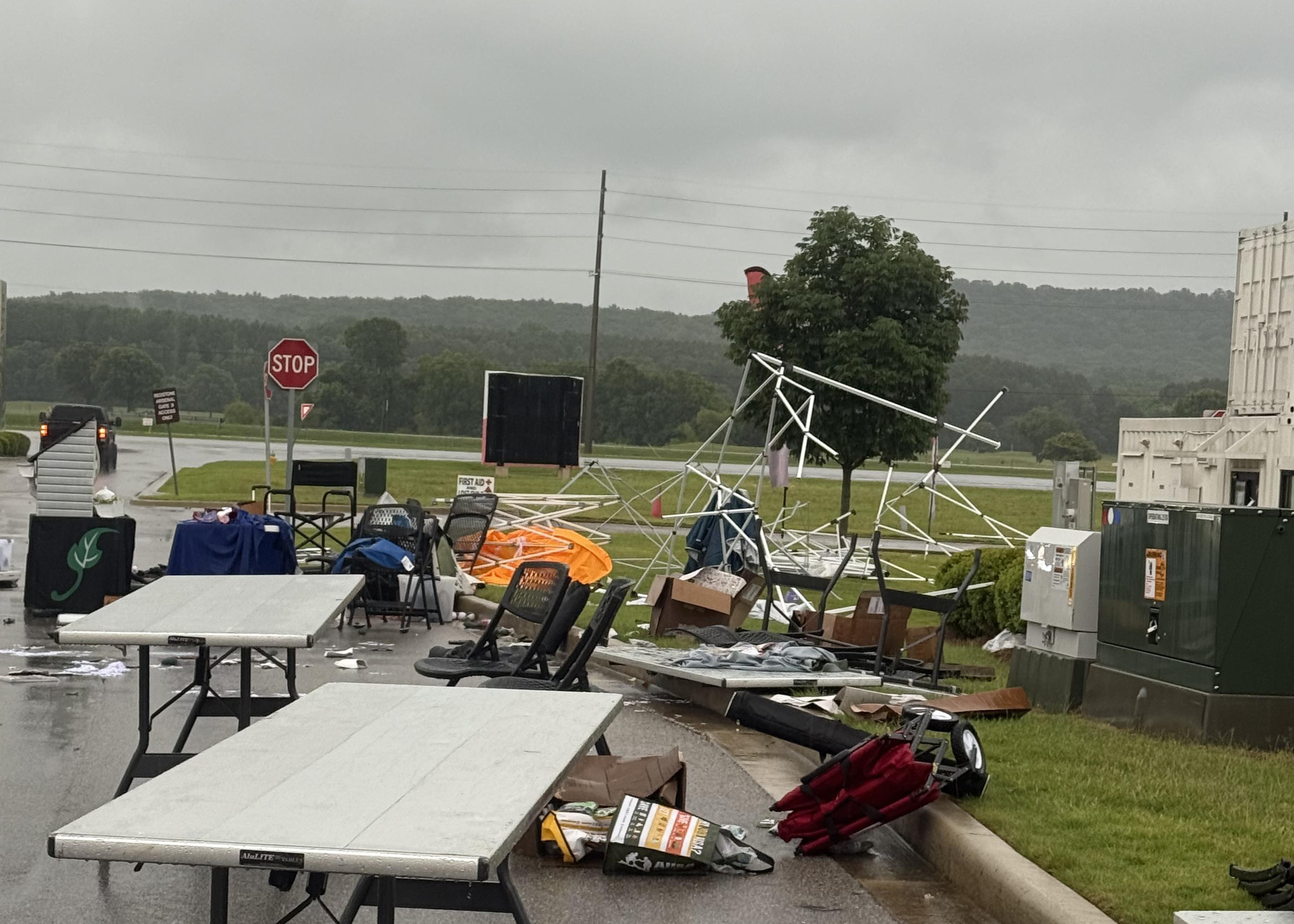 Parts of booths and other debris was strewn about by the storms.