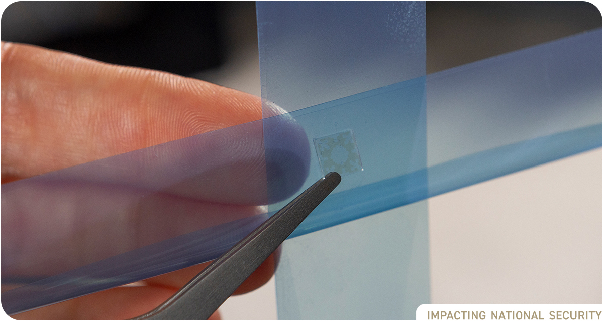 photo: hand of researcher holding tweezers containing a tiny electronic device