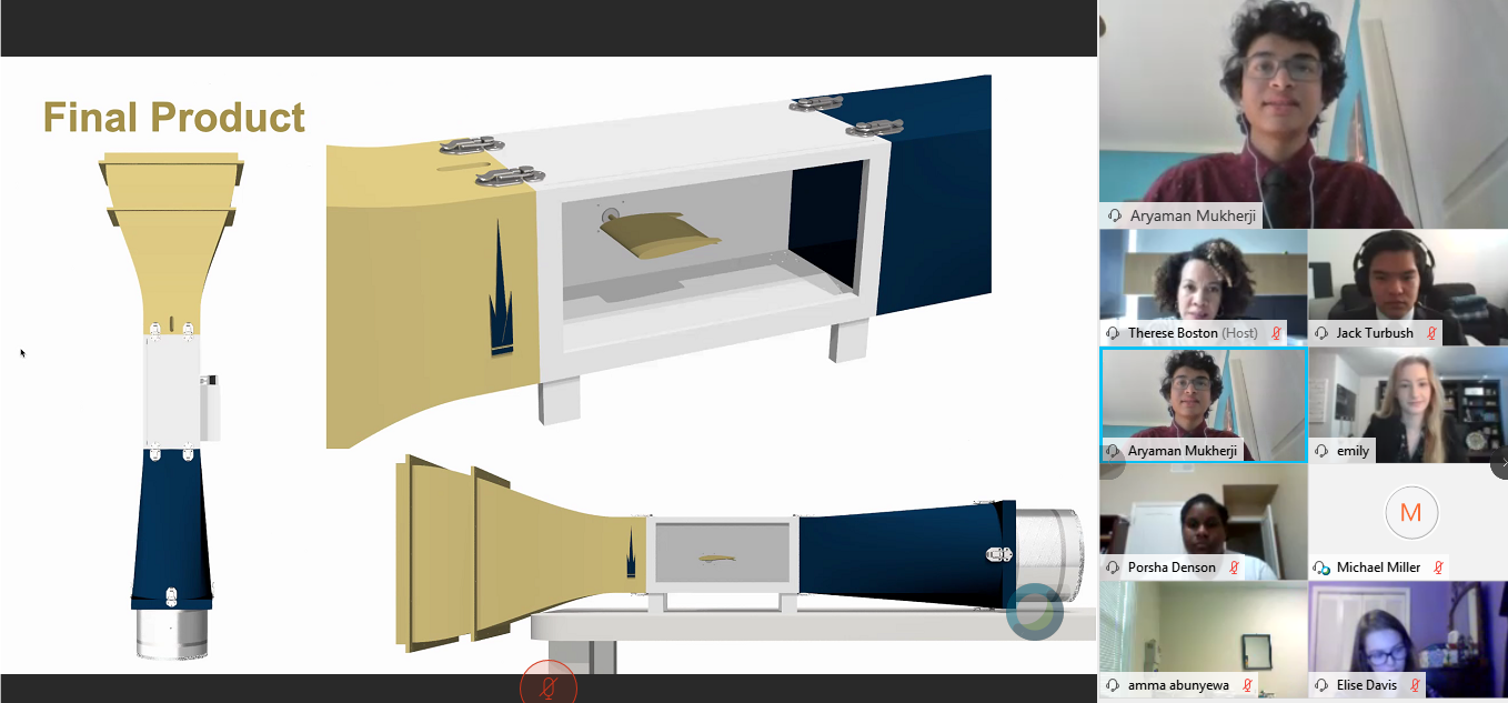 Screen capture from high school summer interns final presentation. Shows a rendering of the wind tunnel along with the presenting students.