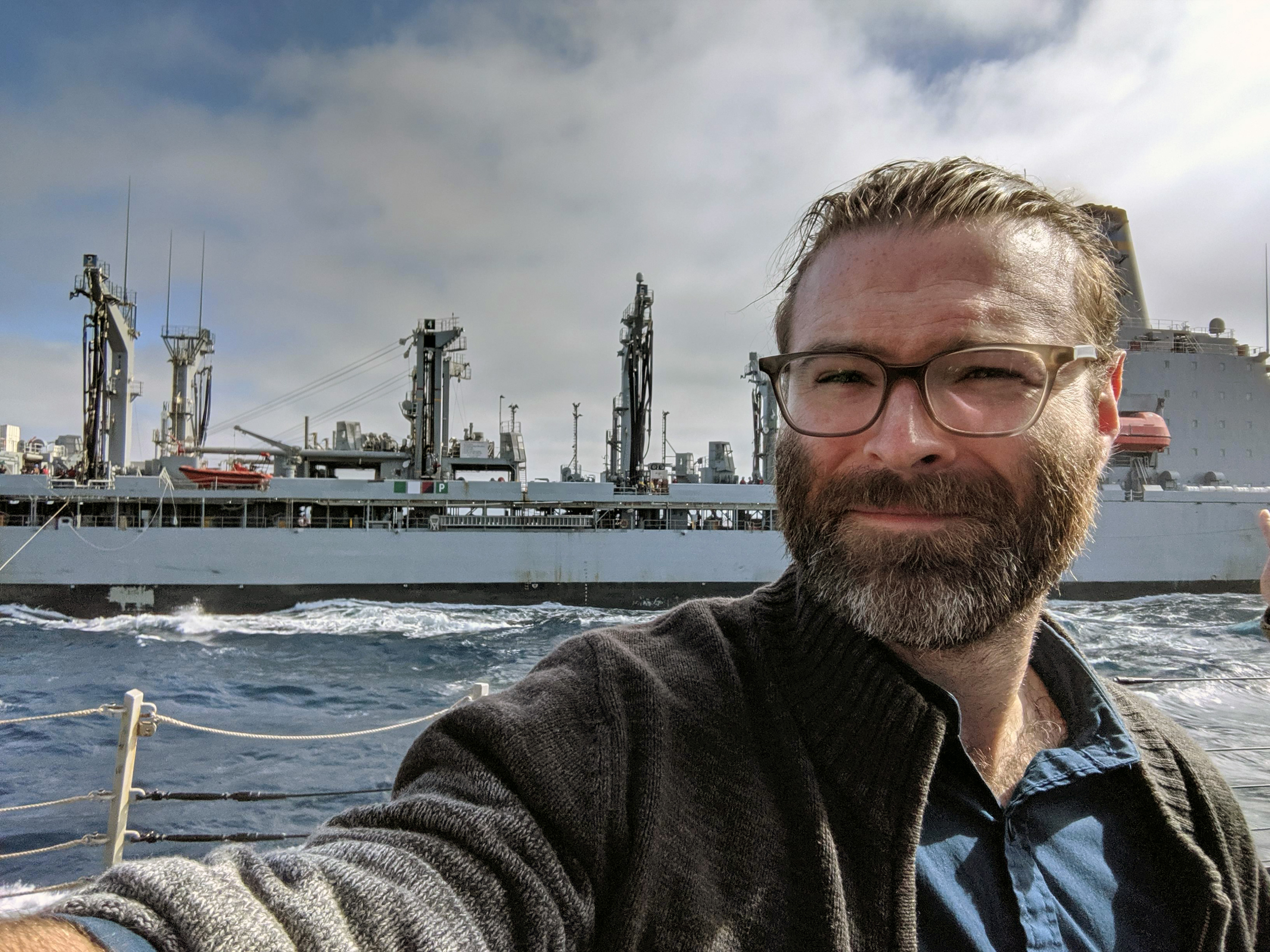 Shelby Allen takes a selfie during resupply operations on the U.S.S. Rafael Peralta.