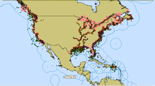 Map showing ship positions in North America