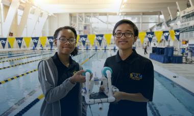 Students ready their ROV during the GTRI-Navy SeaPerch STEM competition.