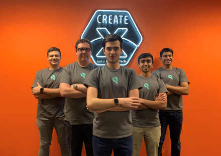 Samuel Porta (center) and his team won first place in Georgia Tech's annual InVenture event for their app, Queues.  Credit: Samuel Porta 