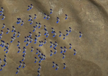 A simulated aerial view of aircraft flying over a valley.