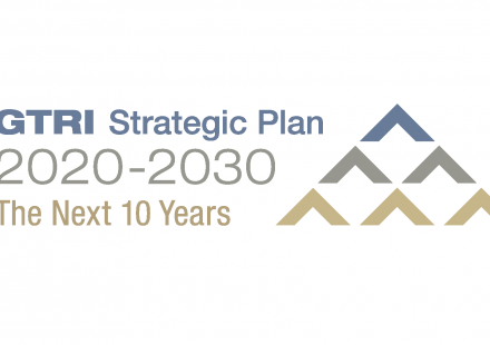 Text saying "GTRI Strategic Plan 2020-2030 The Next 10 Year" accompanied by six arrows making a mountain shape. (Credit Mel Goux)