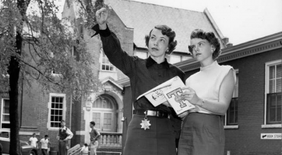 Vintage photo of two women outside Tech Tower.