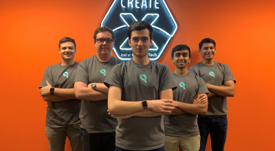Samuel Porta (center) and his team won first place in Georgia Tech's annual InVenture event for their app, Queues.  Credit: Samuel Porta 