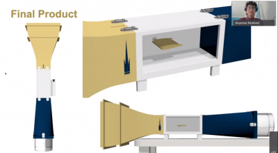 Screen capture from high school summer interns final presentation. Shows a rendering of the wind tunnel along with the presenting students.