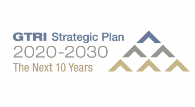Text saying "GTRI Strategic Plan 2020-2030 The Next 10 Year" accompanied by six arrows making a mountain shape. (Credit Mel Goux)