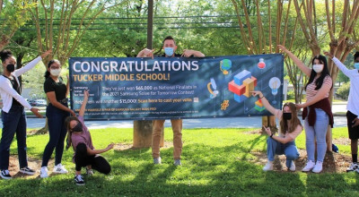 Tucker Middle School students celebrate their advancement to the national finals. Photo courtesy of Tucker Middle School.
