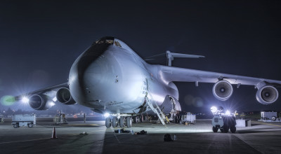 A C-5M Super Galaxy on the flight line.