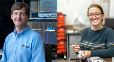 Photo of researchers Ryan Bales (left) and Mary Kate Broadway (right).  Photo Credit: Christopher Moore